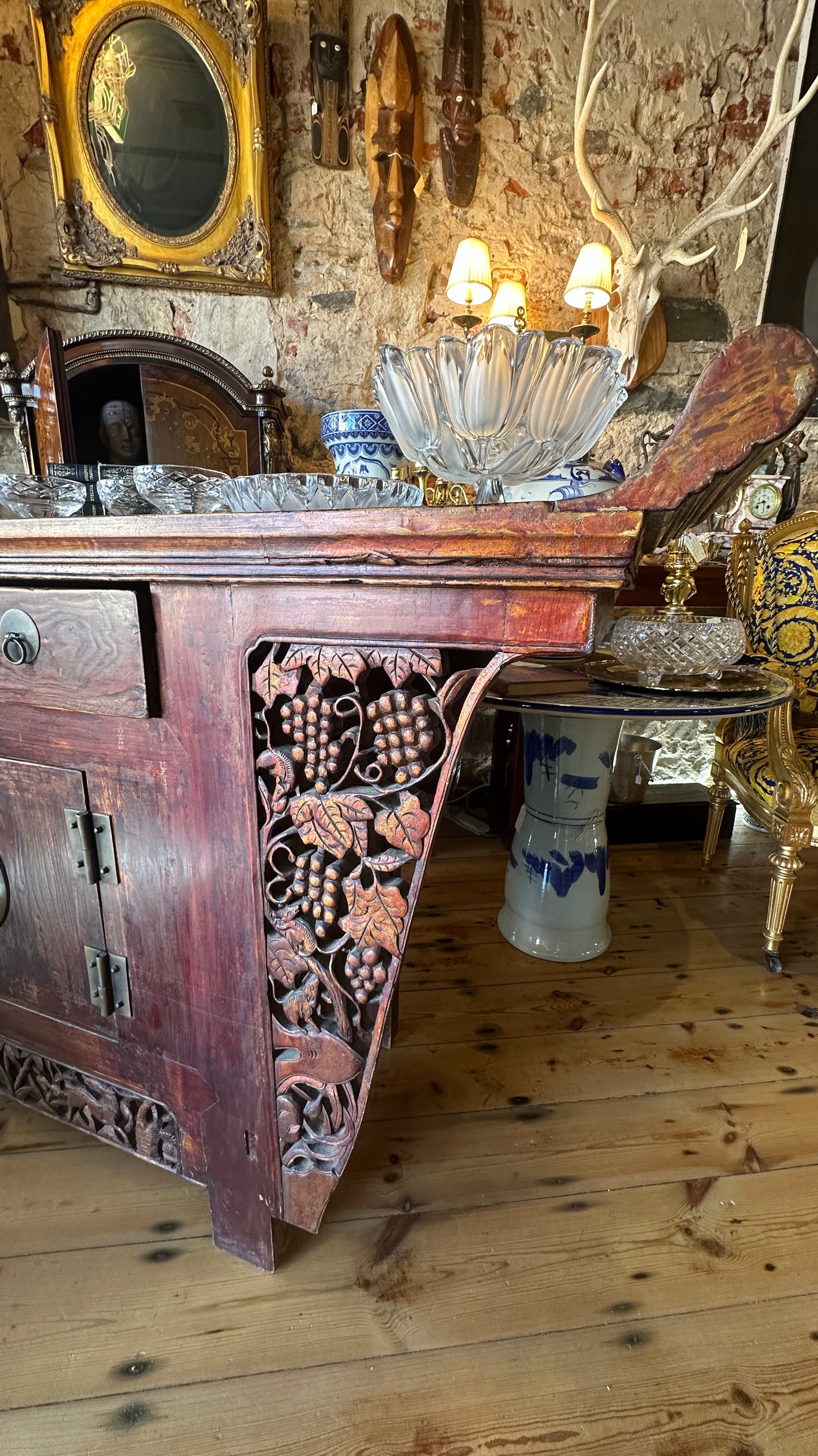 Large Vintage Chinese Antique-Style Carved Hardwood Altar Sideboard