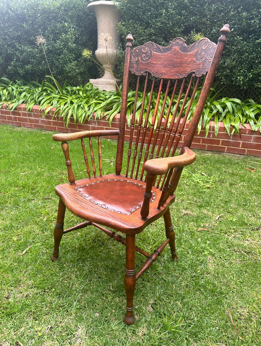 Antique Oak and Leather Arts and Craft Chair c1890s