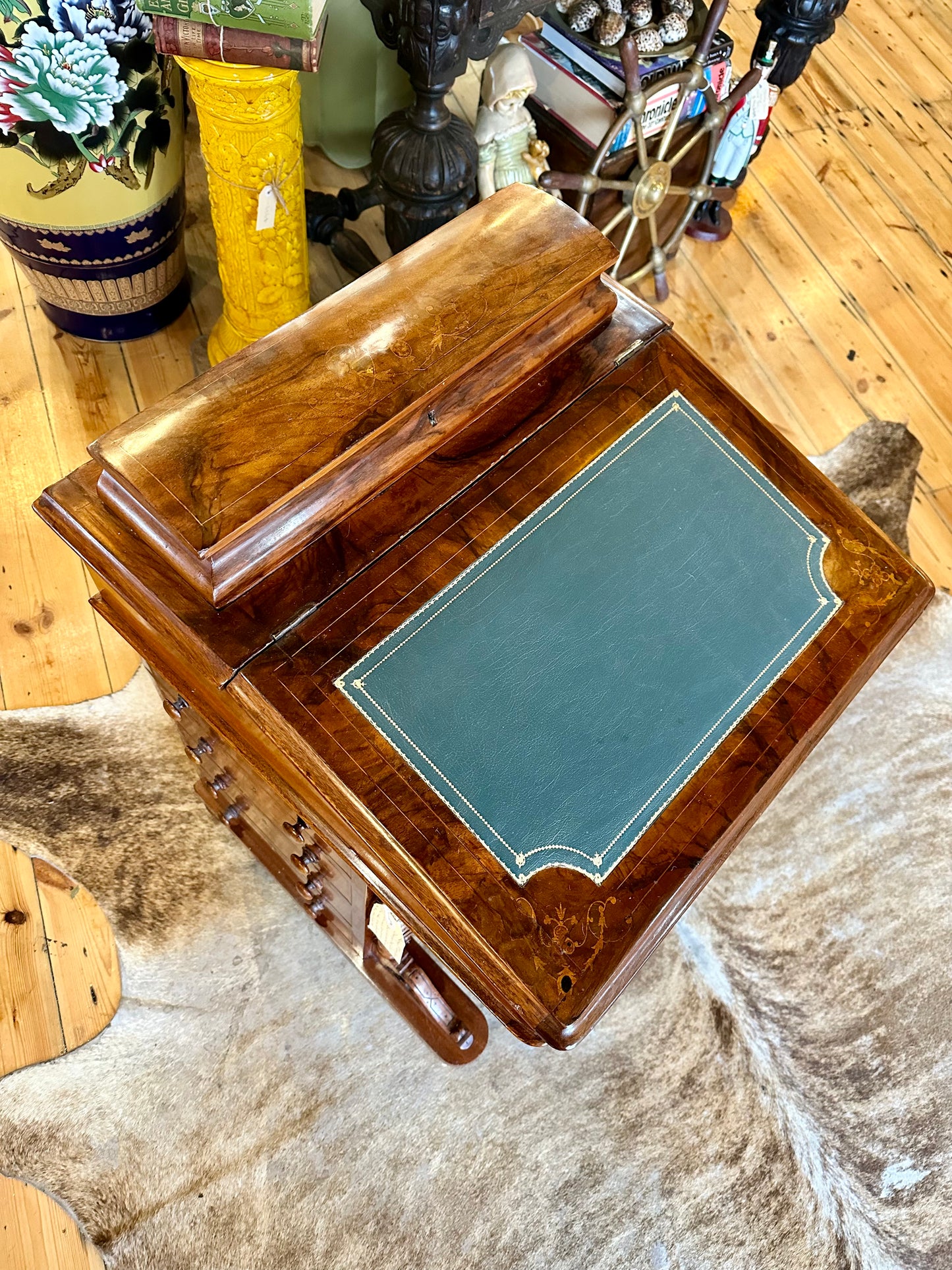 Exquisite 19th Century Davenport Victorian Burr Walnut Inlaid Desk