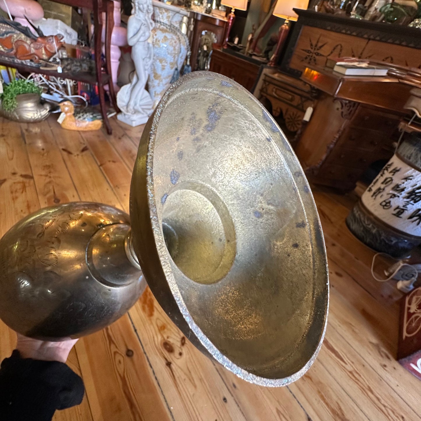 Large Brass Vintage Vase Etched with Scalloped Top