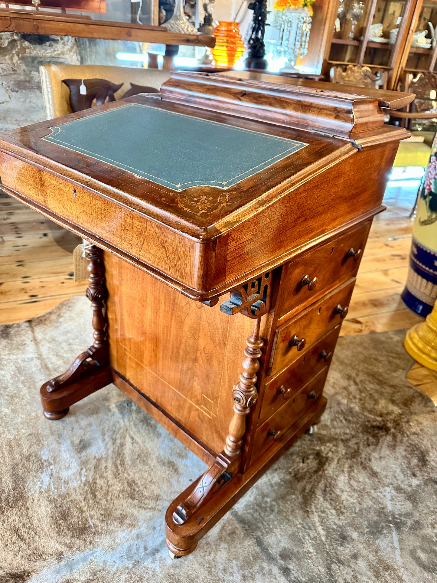 Exquisite 19th Century Davenport Victorian Burr Walnut Inlaid Desk