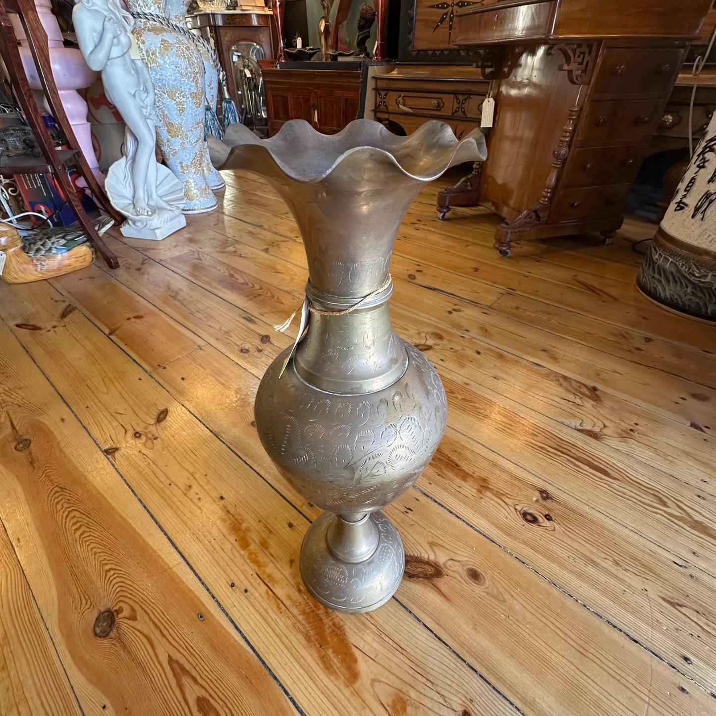 Large Brass Vintage Vase Etched with Scalloped Top