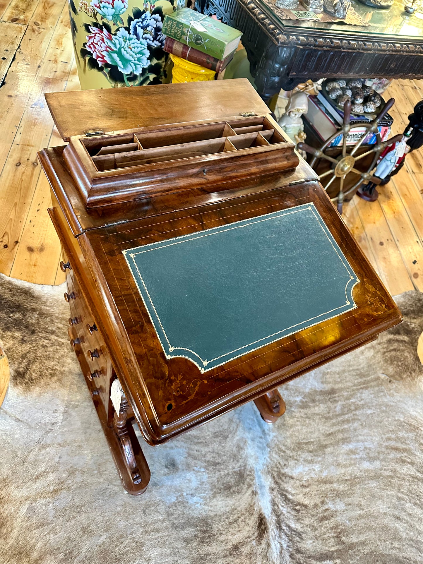 Exquisite 19th Century Davenport Victorian Burr Walnut Inlaid Desk