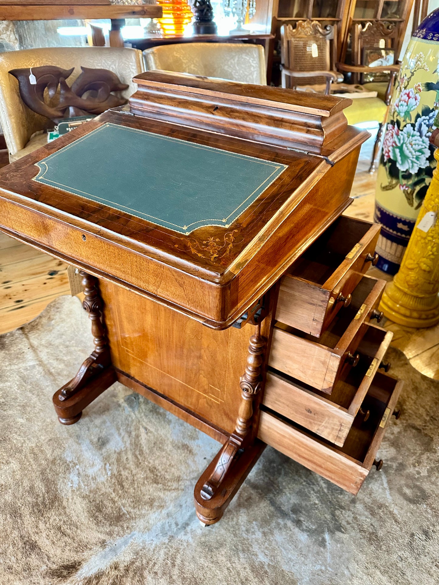 Exquisite 19th Century Davenport Victorian Burr Walnut Inlaid Desk