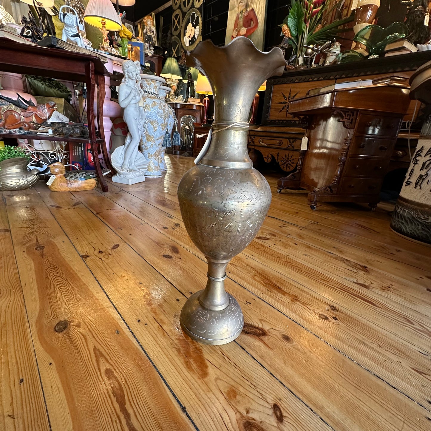Large Brass Vintage Vase Etched with Scalloped Top