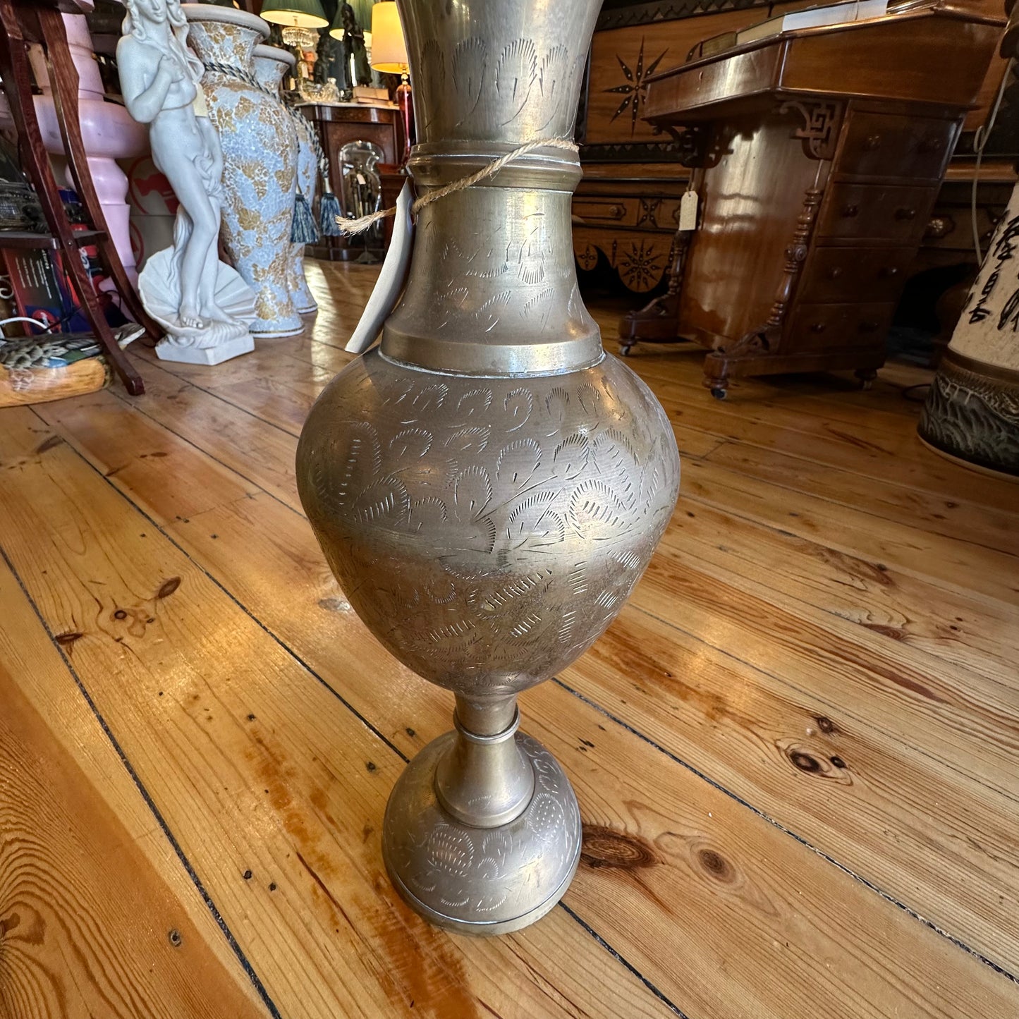 Large Brass Vintage Vase Etched with Scalloped Top