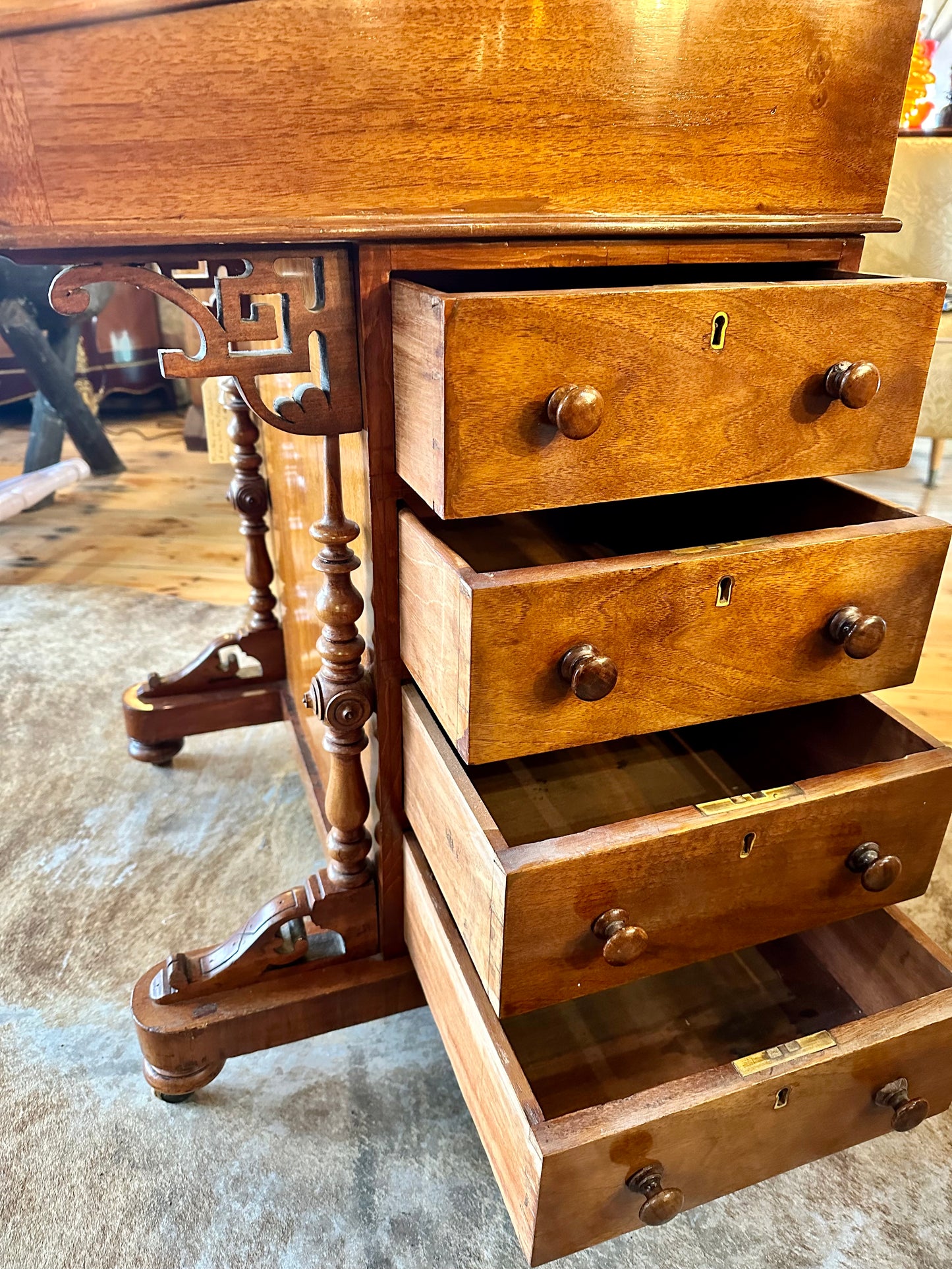 Exquisite 19th Century Davenport Victorian Burr Walnut Inlaid Desk