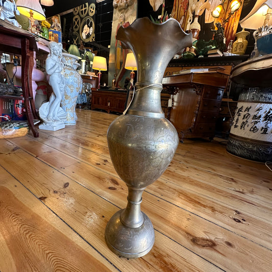 Large Brass Vintage Vase Etched with Scalloped Top