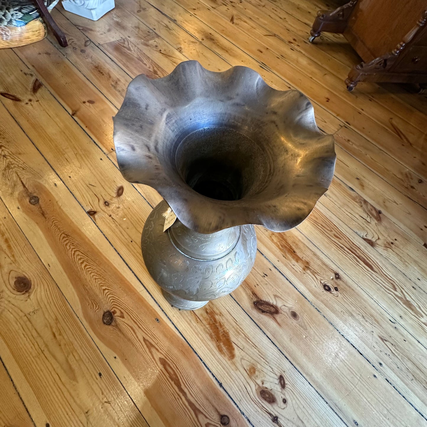 Large Brass Vintage Vase Etched with Scalloped Top