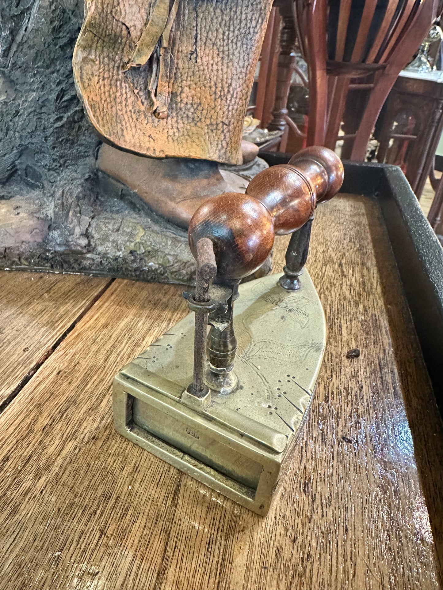 Antique Brass Flat Slug Iron with Wooden handle