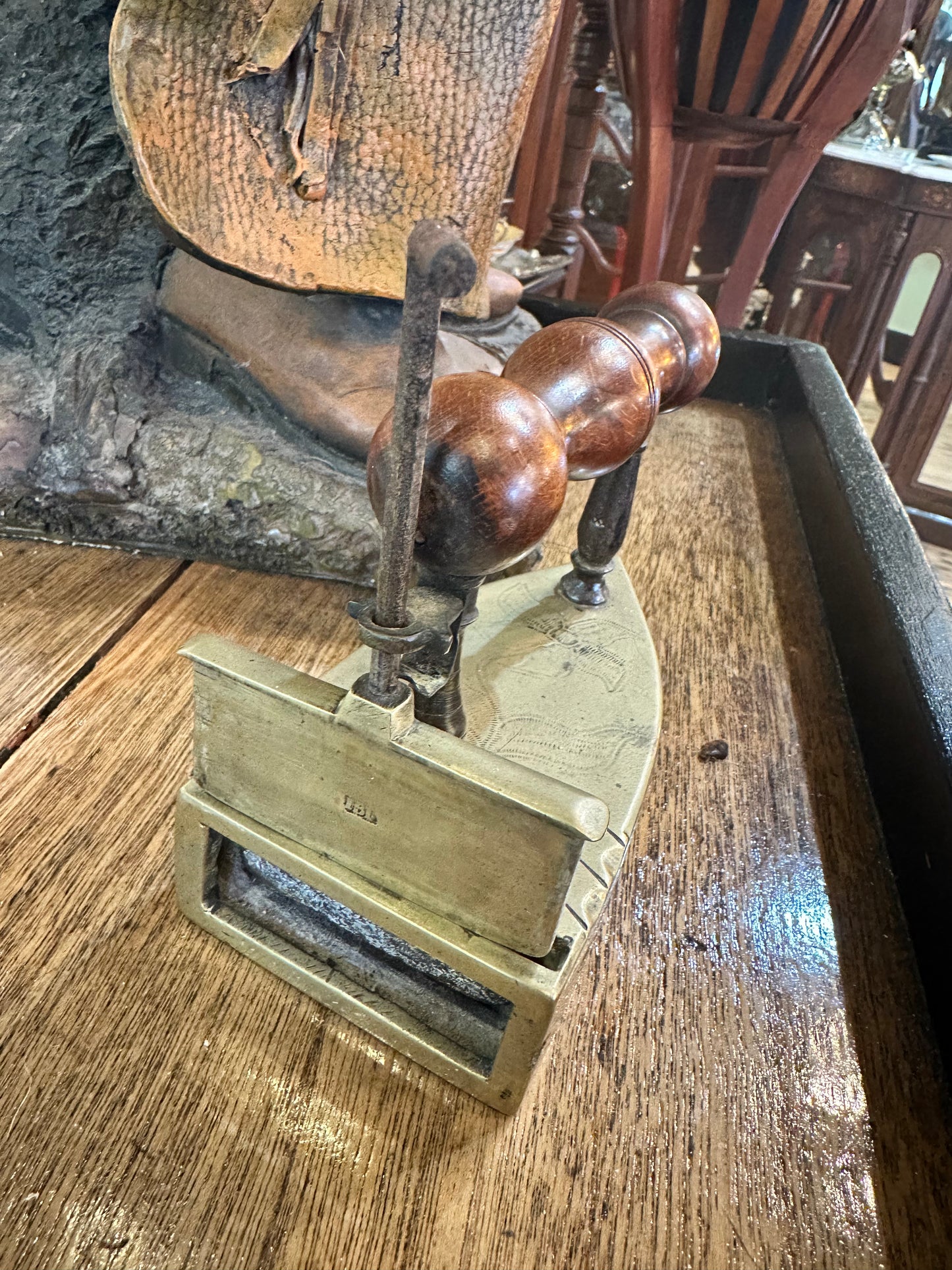 Antique Brass Flat Slug Iron with Wooden handle