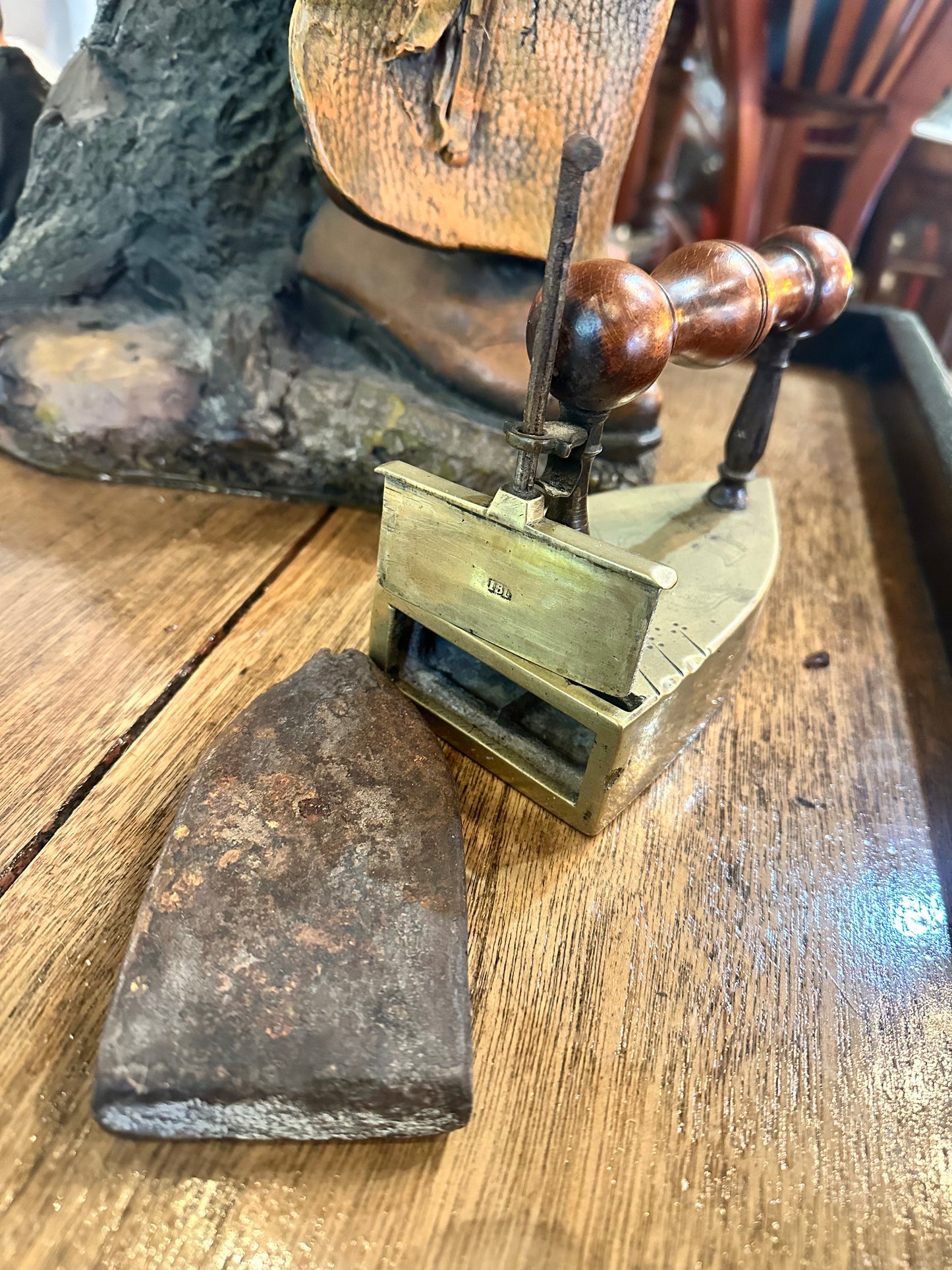 Antique Brass Flat Slug Iron with Wooden handle