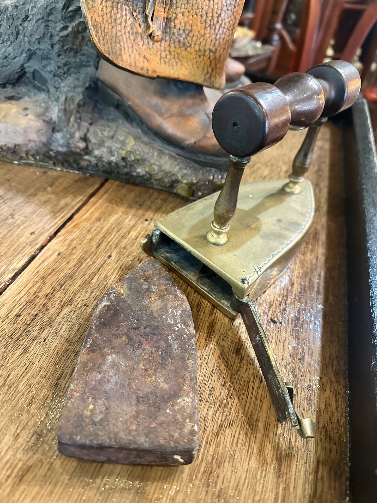 Antique Brass Slug Iron with Wooden handle