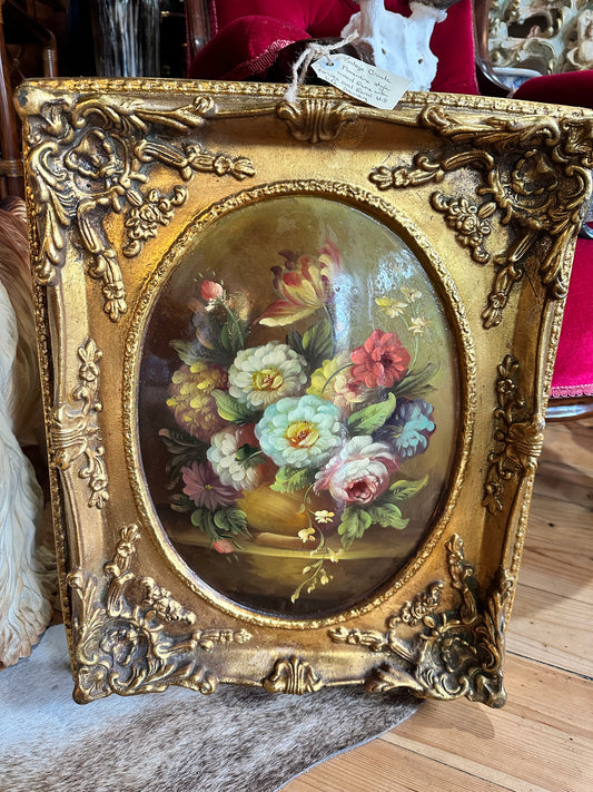 Vintage Florentine Style Ornately Framed Convex Oval Oil Painting