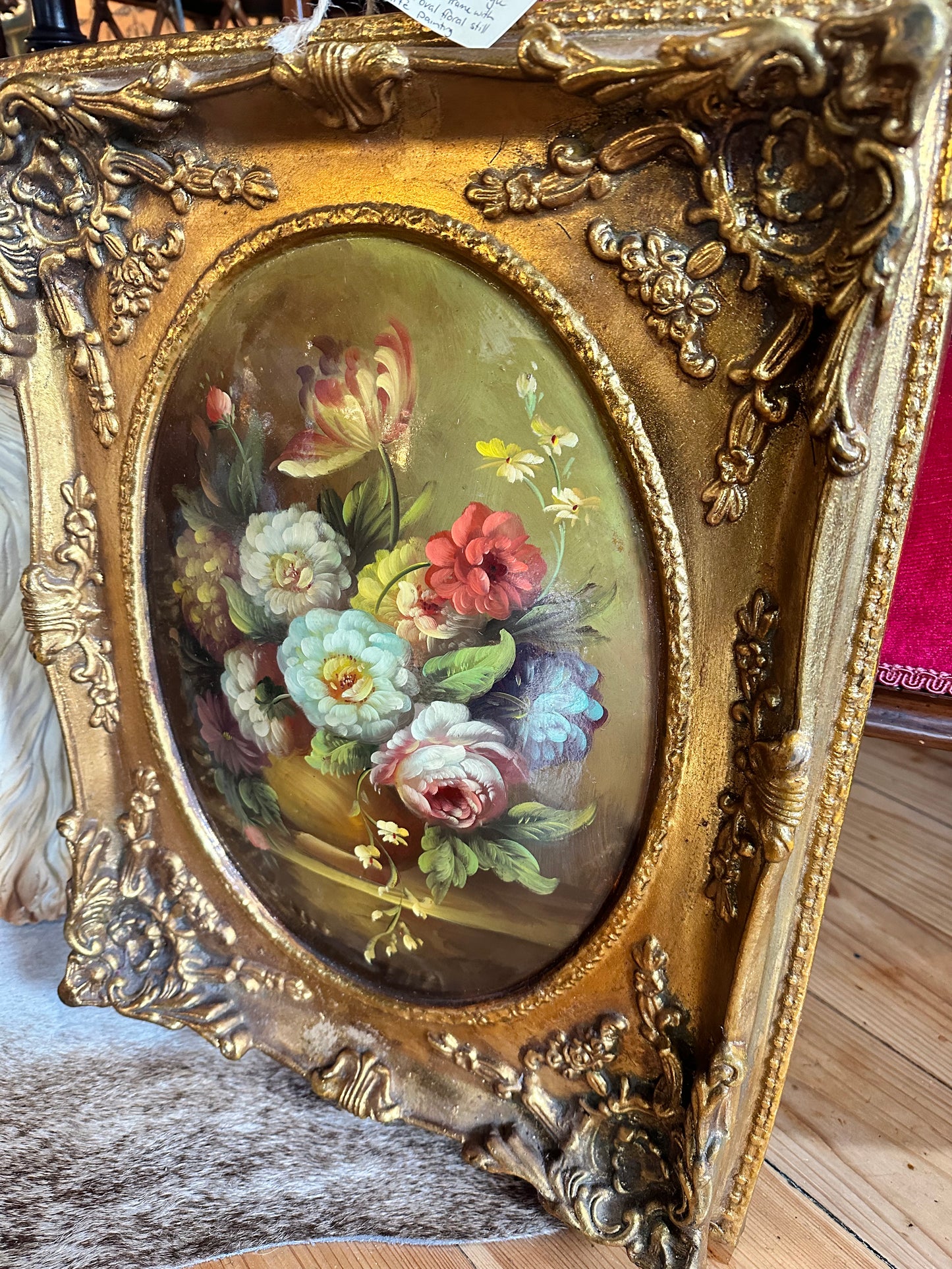 Vintage Florentine Style Ornately Framed Convex Oval Oil Painting