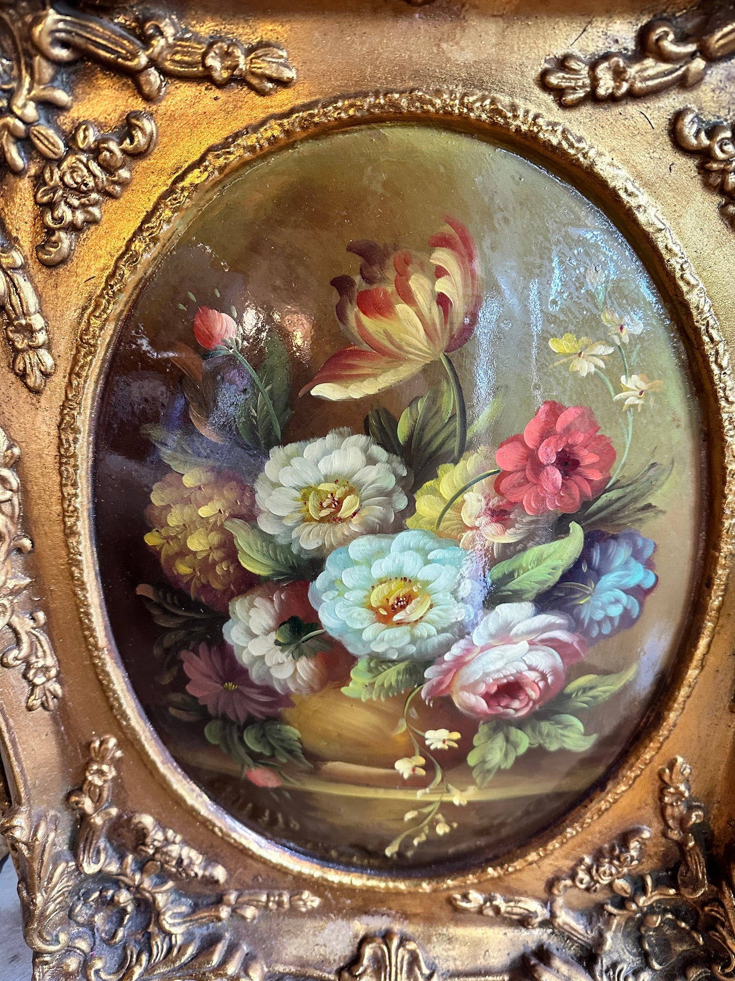 Vintage Florentine Style Ornately Framed Convex Oval Oil Painting