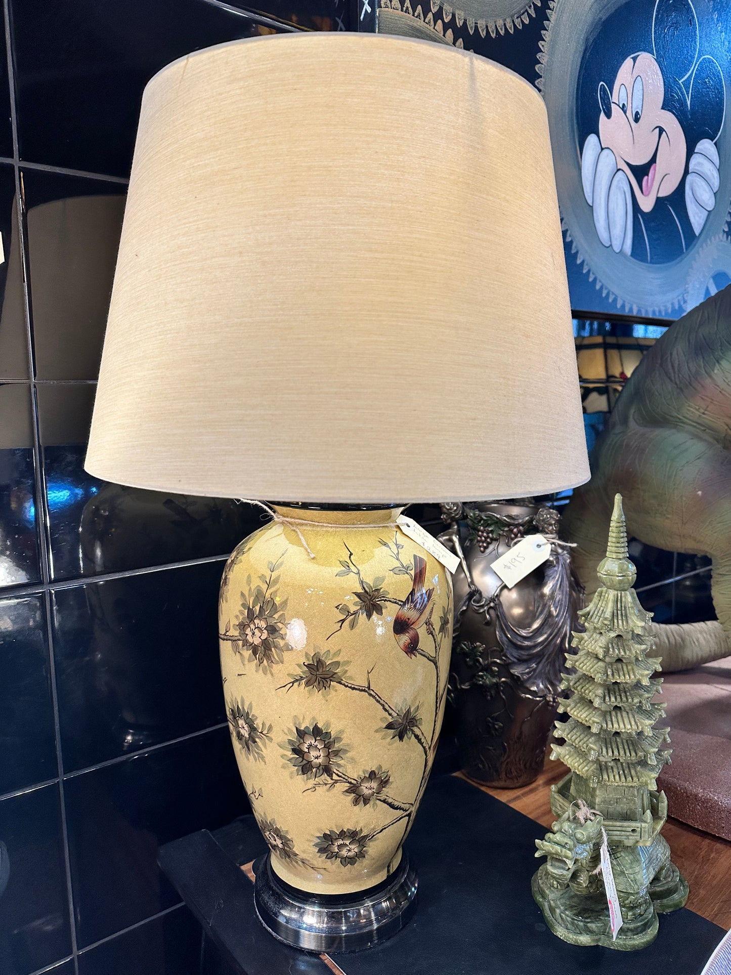 Large Ceramic Table Lamp with Shade, depicting Flowers and Birds