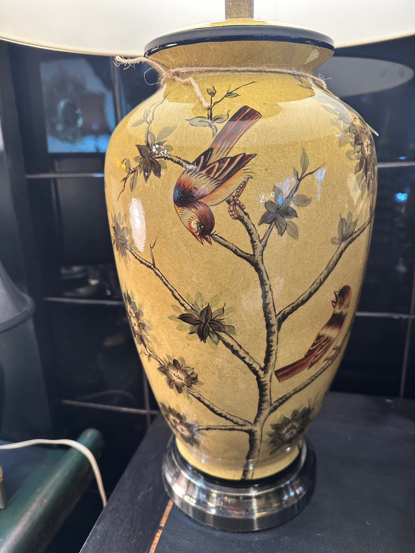 Large Ceramic Table Lamp with Shade, depicting Flowers and Birds