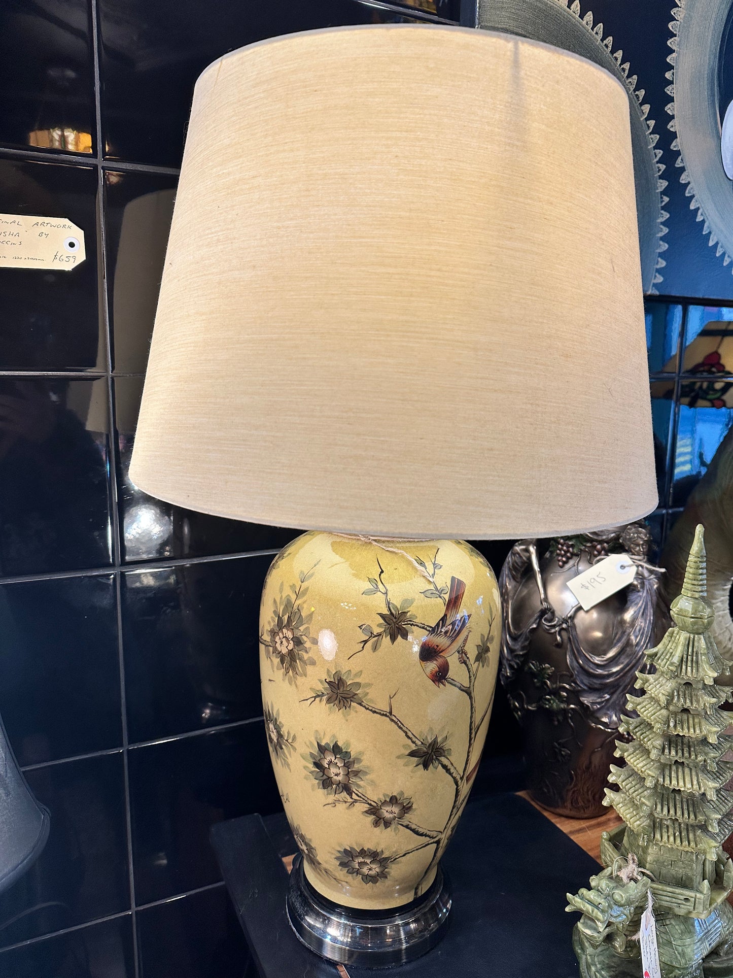 Large Ceramic Table Lamp with Shade, depicting Flowers and Birds