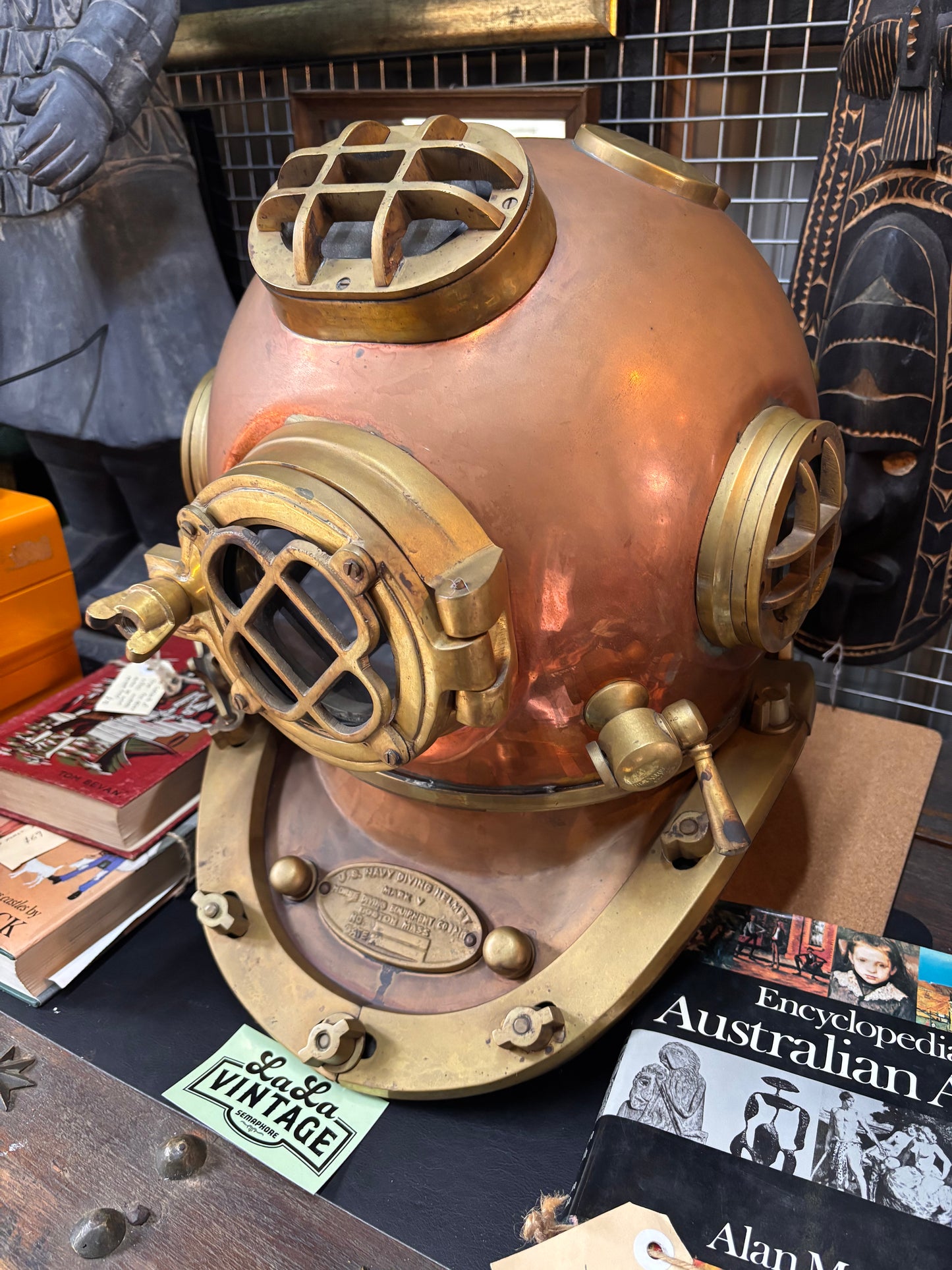 Vintage U.S. Navy Mark V Diving Helmet – Copper & Brass Maritime Display