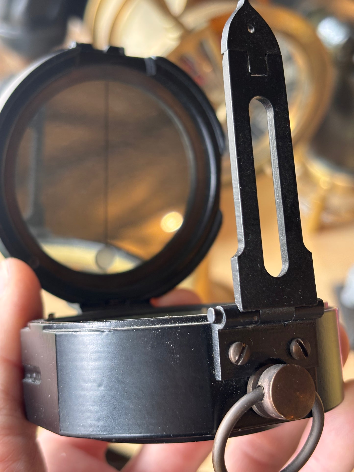 Solid Metal Prismatic Military Style Compass – Brass Interior, Survey Design, Mid-Century Vintage