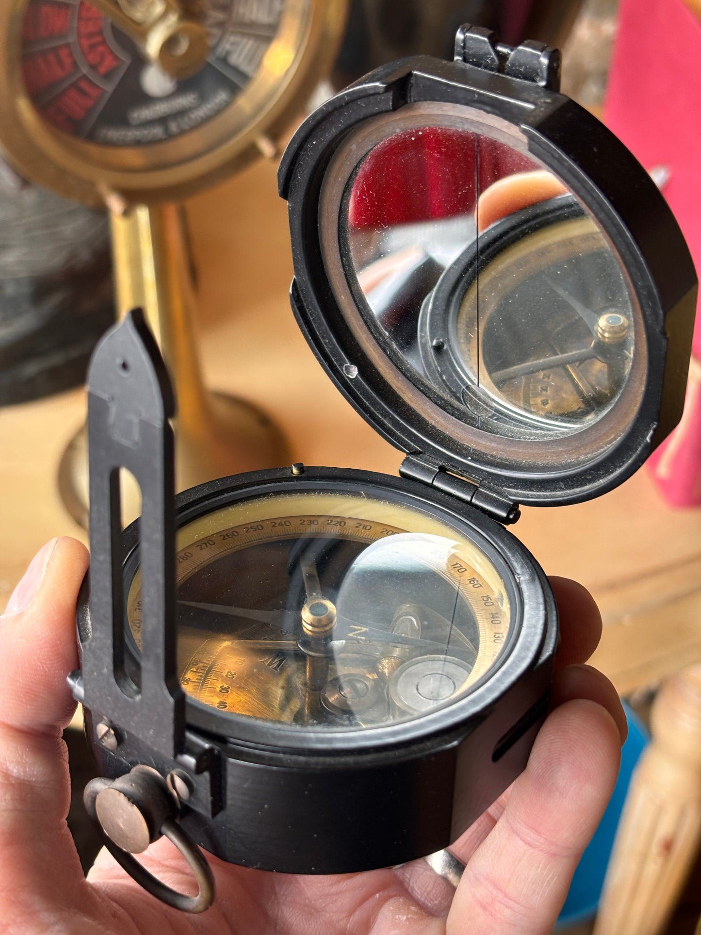 Solid Metal Prismatic Military Style Compass – Brass Interior, Survey Design, Mid-Century Vintage