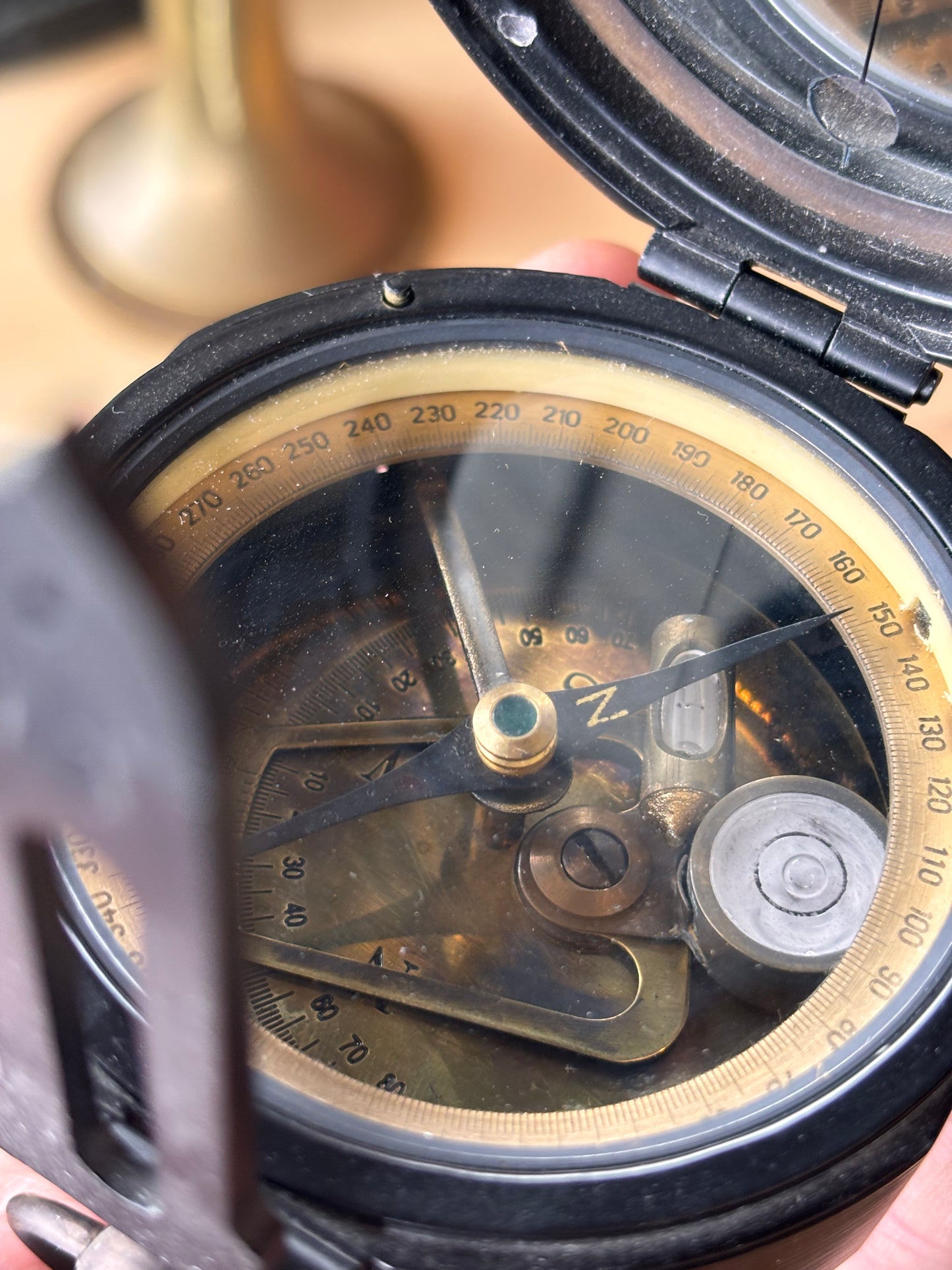 Solid Metal Prismatic Military Style Compass – Brass Interior, Survey Design, Mid-Century Vintage