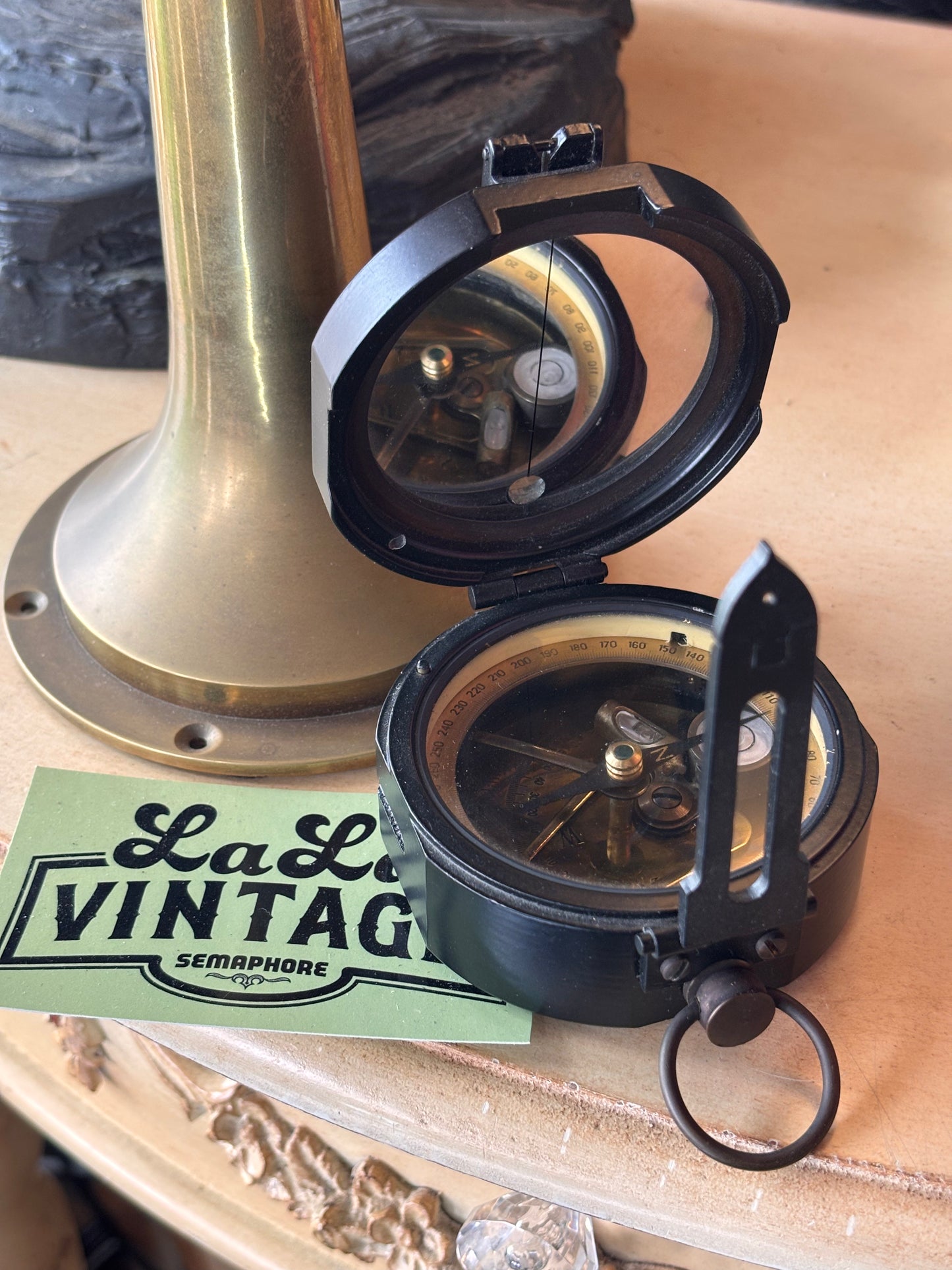 Solid Metal Prismatic Military Style Compass – Brass Interior, Survey Design, Mid-Century Vintage