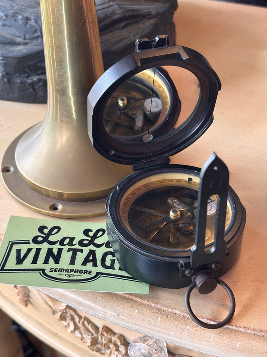 Solid Metal Prismatic Military Style Compass – Brass Interior, Survey Design, Mid-Century Vintage