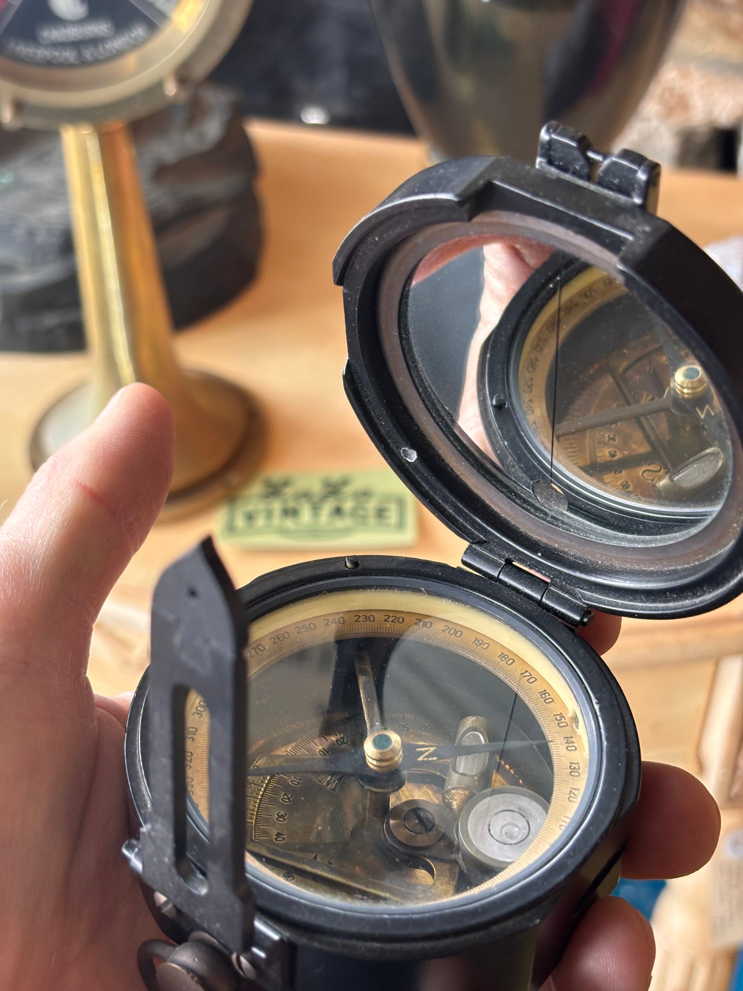 Solid Metal Prismatic Military Style Compass – Brass Interior, Survey Design, Mid-Century Vintage