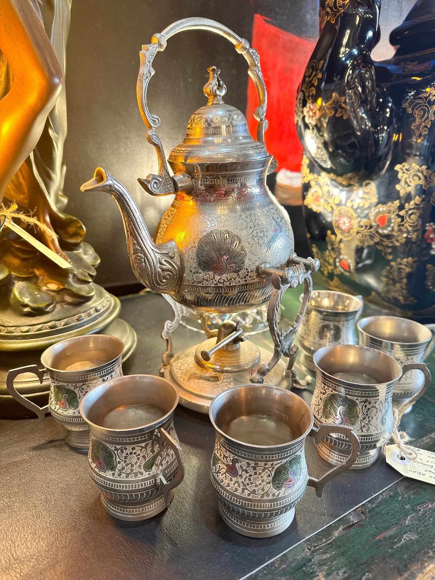 Vintage Ornate South Asian Tea Pot Set with 6 Cups