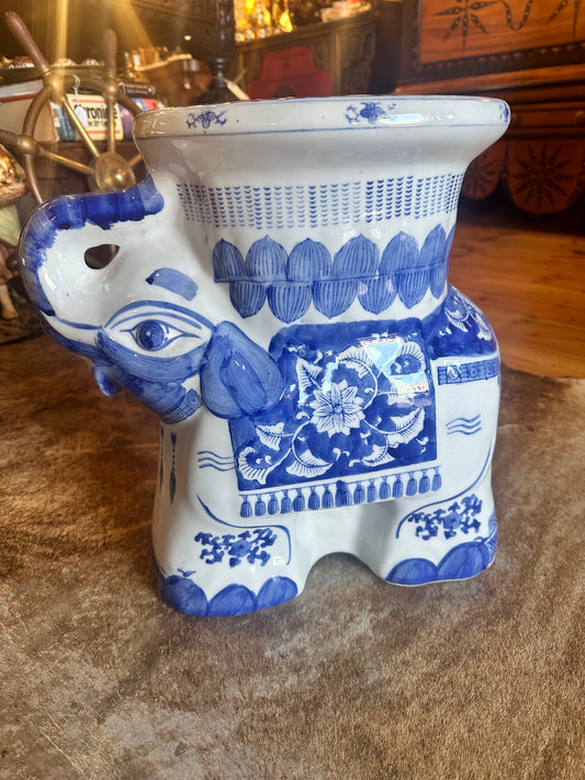 Ceramic Elephant Plant Stand, Blue and White