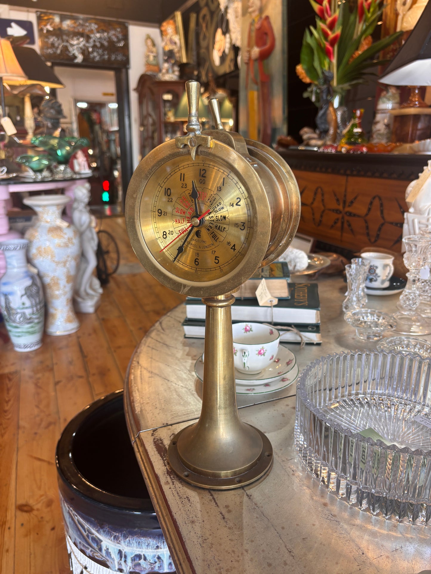 Brass Ship’s Telegraph Reproduction with Clock — Nautical Decor