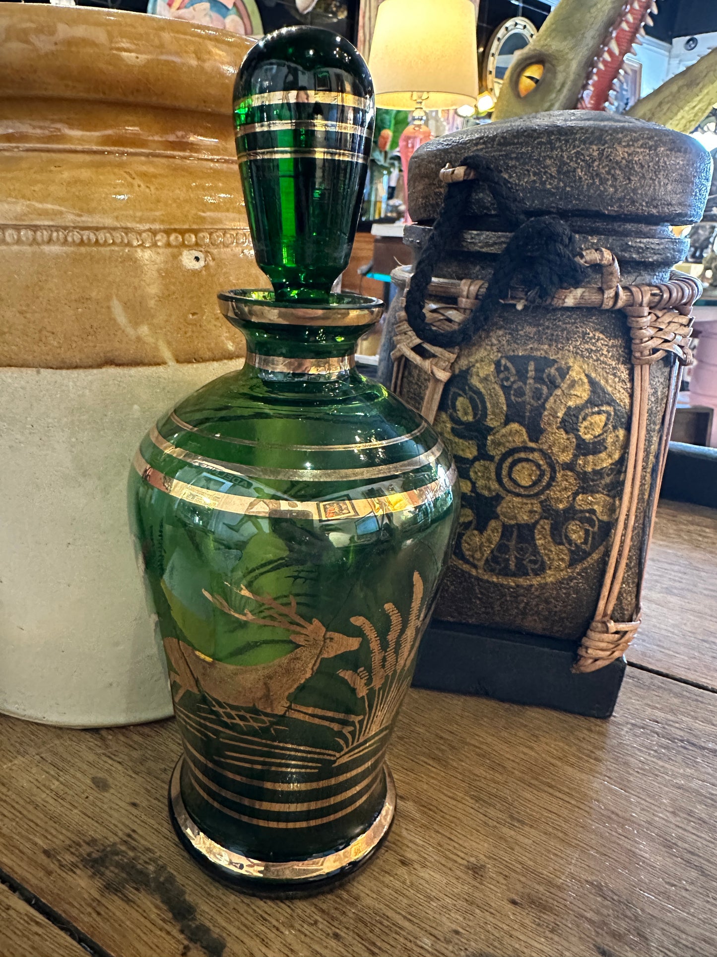 Vintage Green and Gold Bohemian Glass Decanter with Deer Design