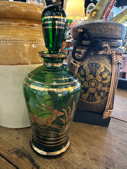 Vintage Green and Gold Bohemian Glass Decanter with Deer Design
