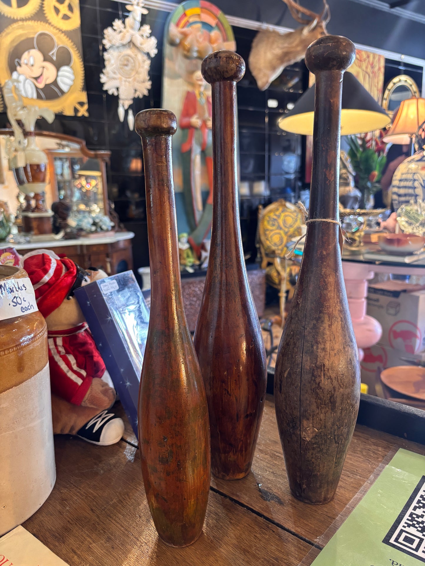 Antique Wooden Indian Clubs Pair & Single c.1890–1920 | Victorian Gym Exercise Equipment | 45cm & 38cm