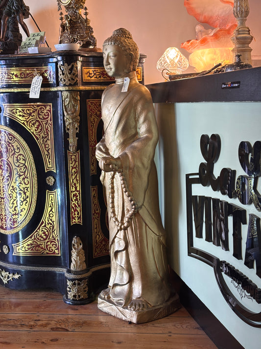 Large Gold Painted Terracotta Standing Buddha Statue 110cm – Asian Decorative Figure