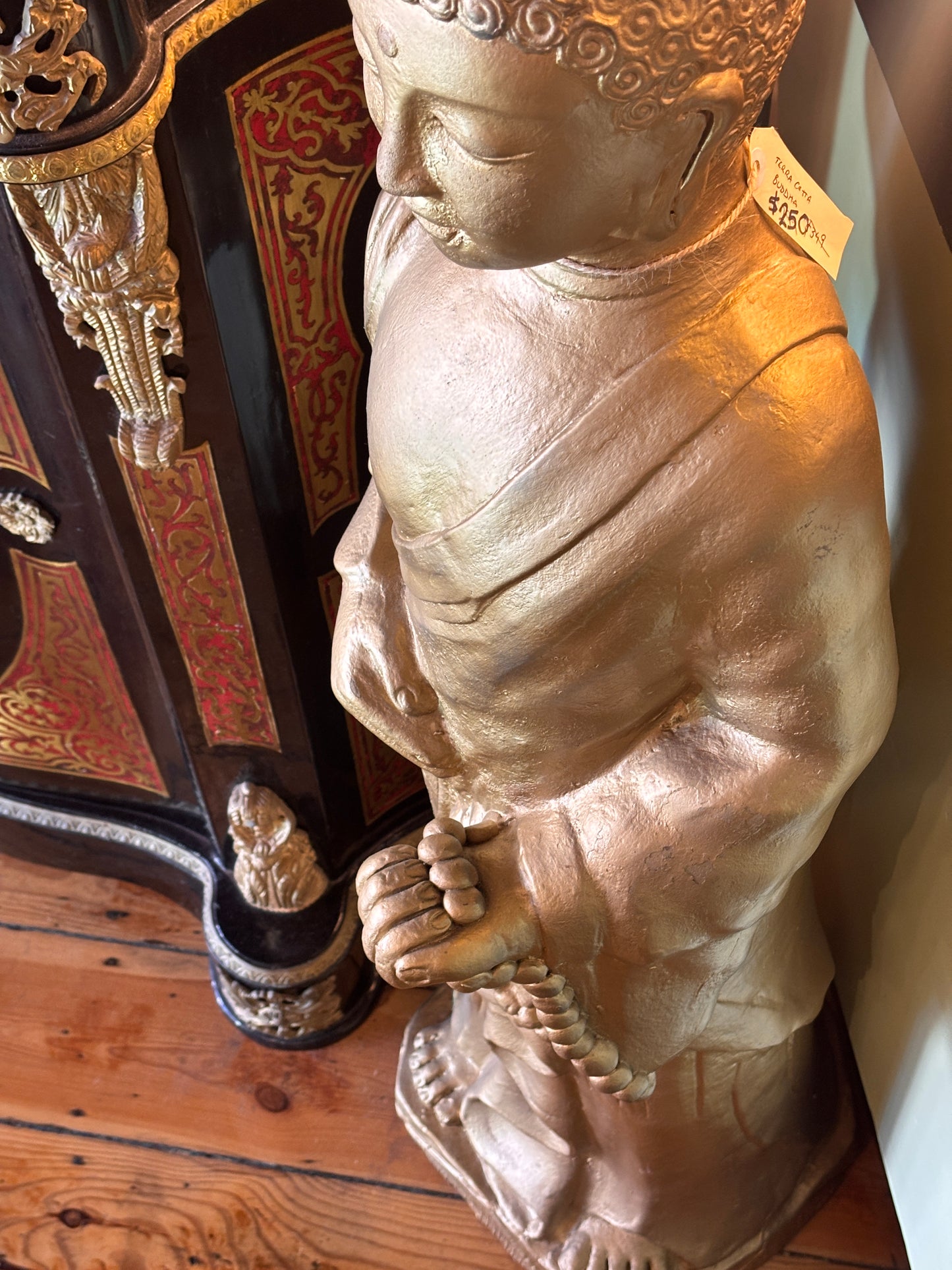 Large Gold Painted Terracotta Standing Buddha Statue 110cm – Asian Decorative Figure