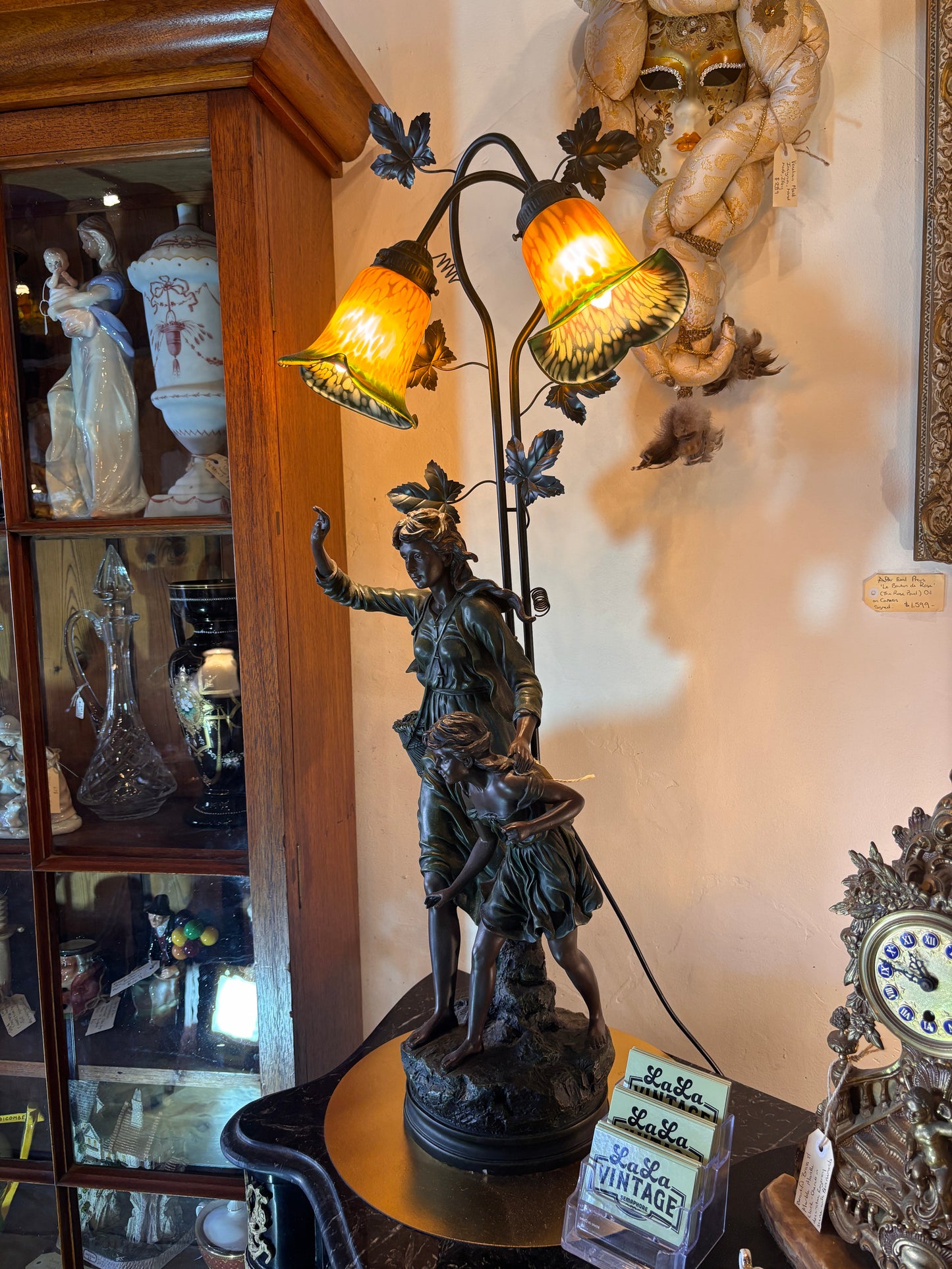 Large Tiffany Style Figural Table Lamp – Woman & Child, Twin Art Glass Shades, 98 cm