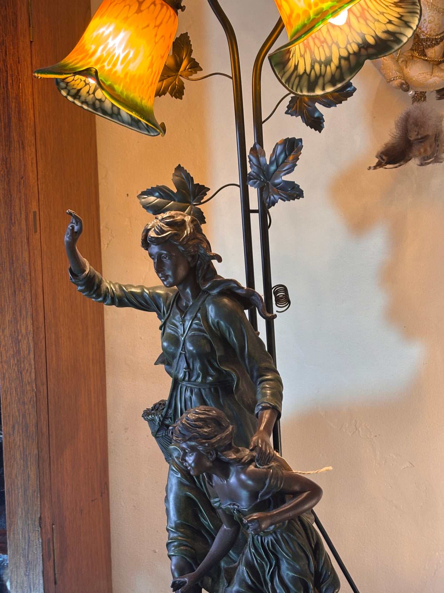 Large Tiffany Style Figural Table Lamp – Woman & Child, Twin Art Glass Shades, 98 cm