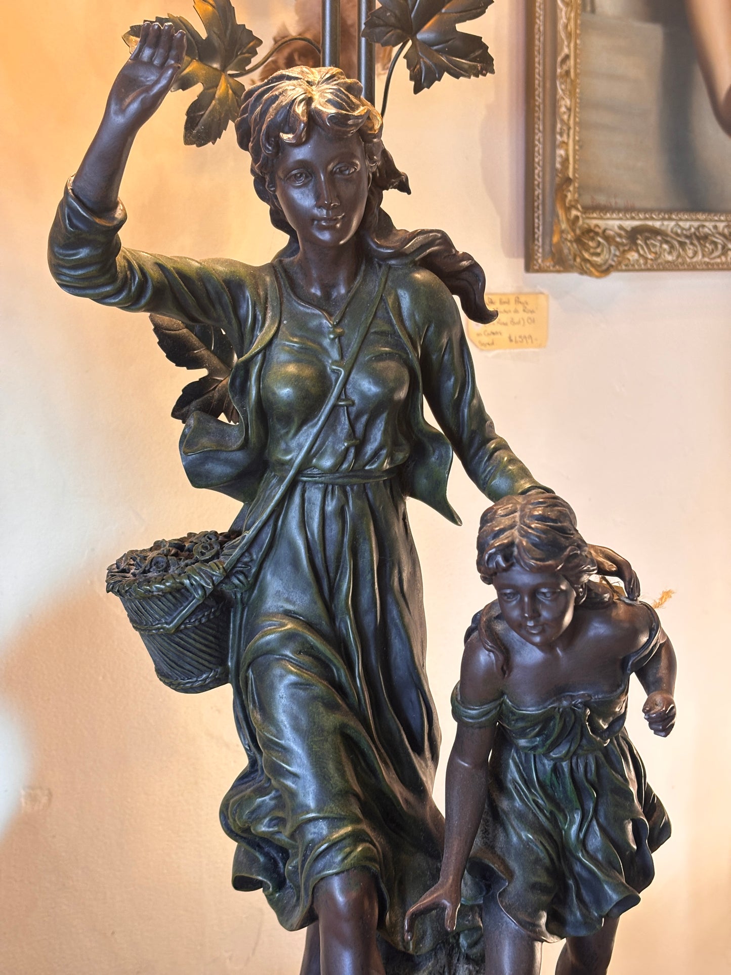 Large Tiffany Style Figural Table Lamp – Woman & Child, Twin Art Glass Shades, 98 cm