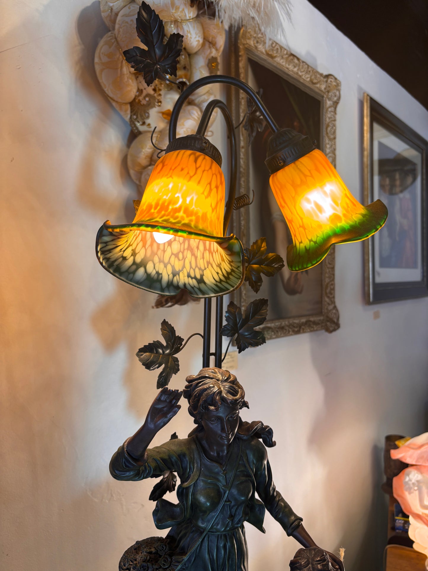 Large Tiffany Style Figural Table Lamp – Woman & Child, Twin Art Glass Shades, 98 cm