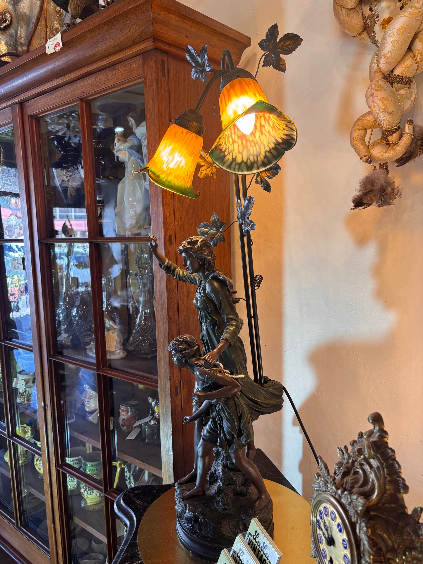 Large Tiffany Style Figural Table Lamp – Woman & Child, Twin Art Glass Shades, 98 cm