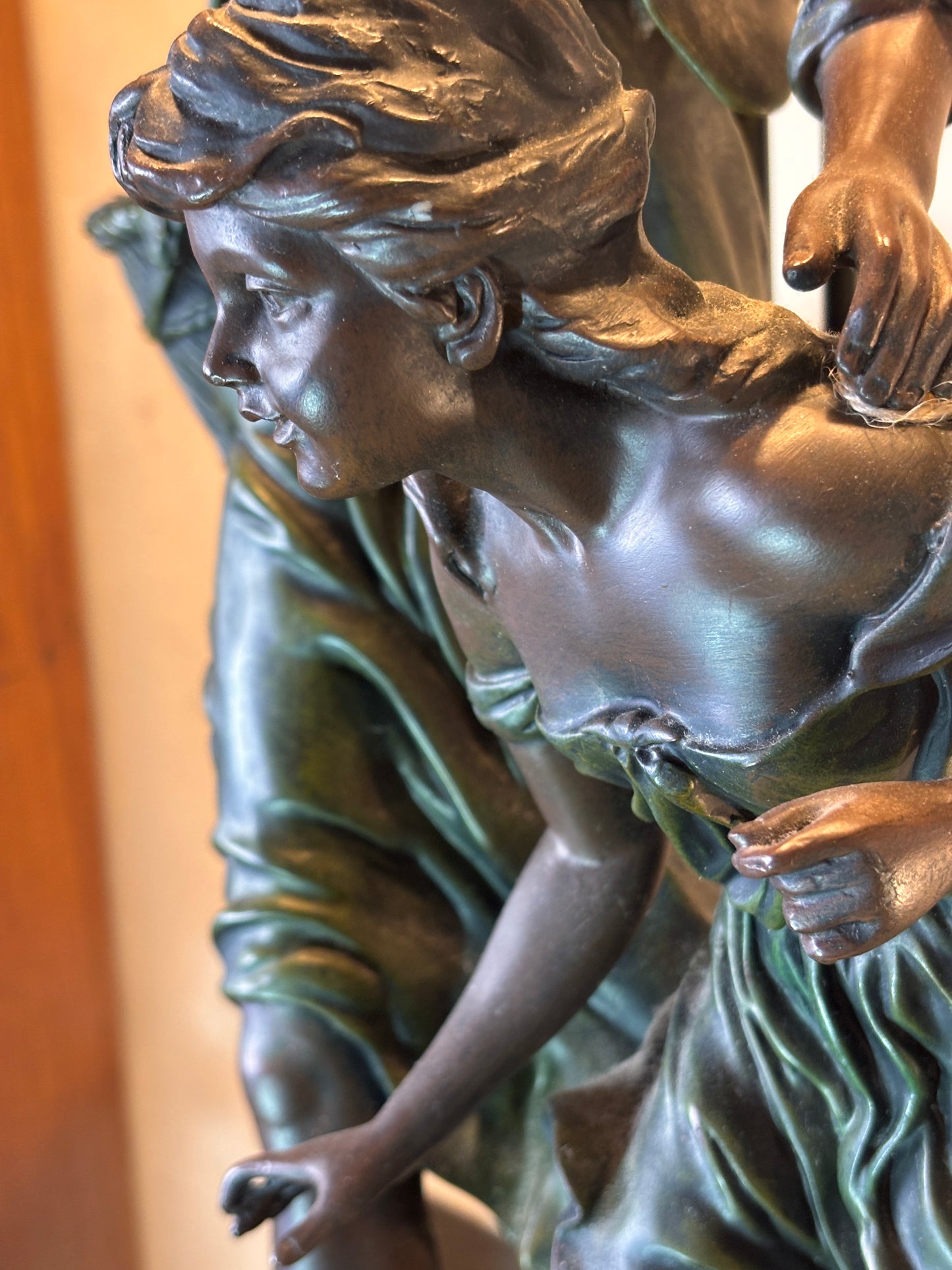 Large Tiffany Style Figural Table Lamp – Woman & Child, Twin Art Glass Shades, 98 cm