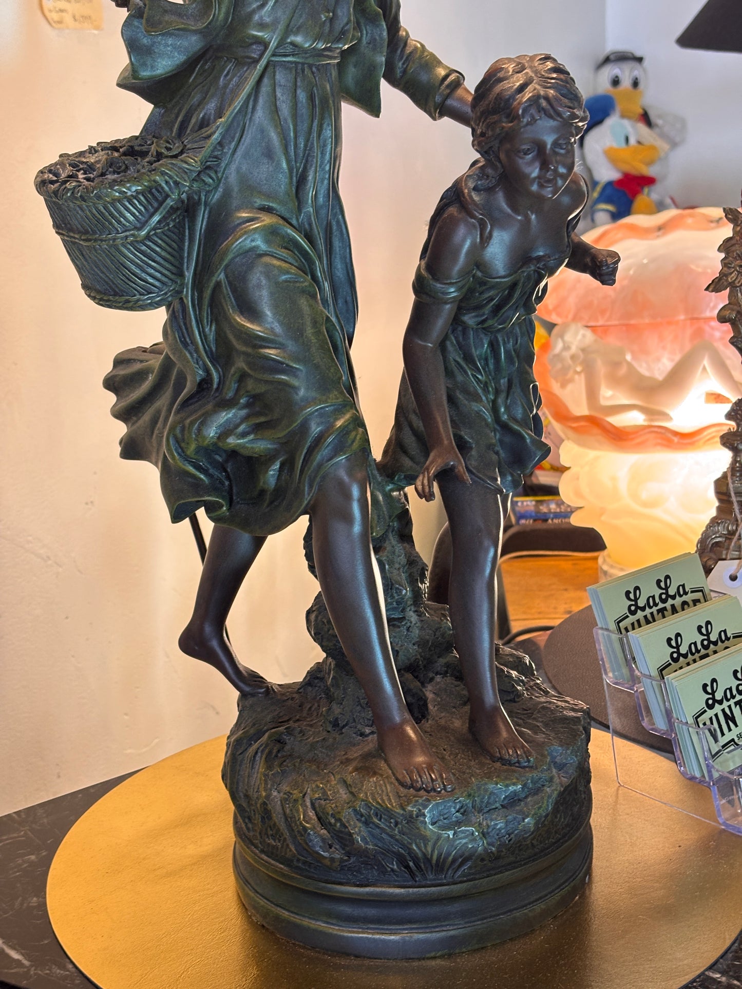 Large Tiffany Style Figural Table Lamp – Woman & Child, Twin Art Glass Shades, 98 cm