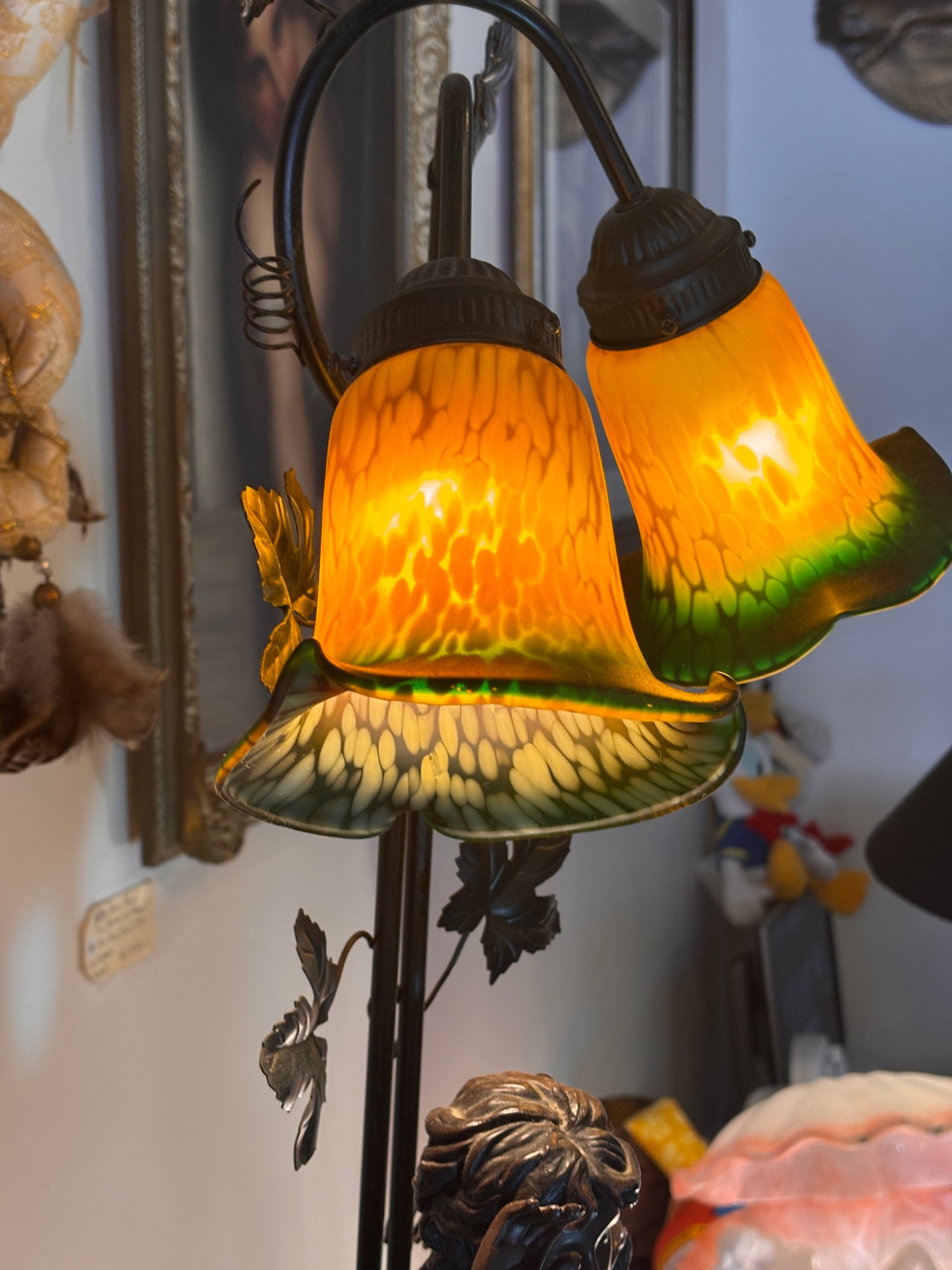 Large Tiffany Style Figural Table Lamp – Woman & Child, Twin Art Glass Shades, 98 cm