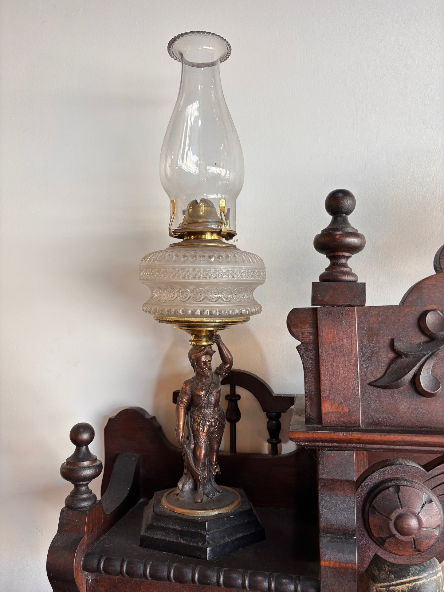 Antique Figural Spelter Oil Lamp c.1900 – Pressed Glass Font, 54 cm