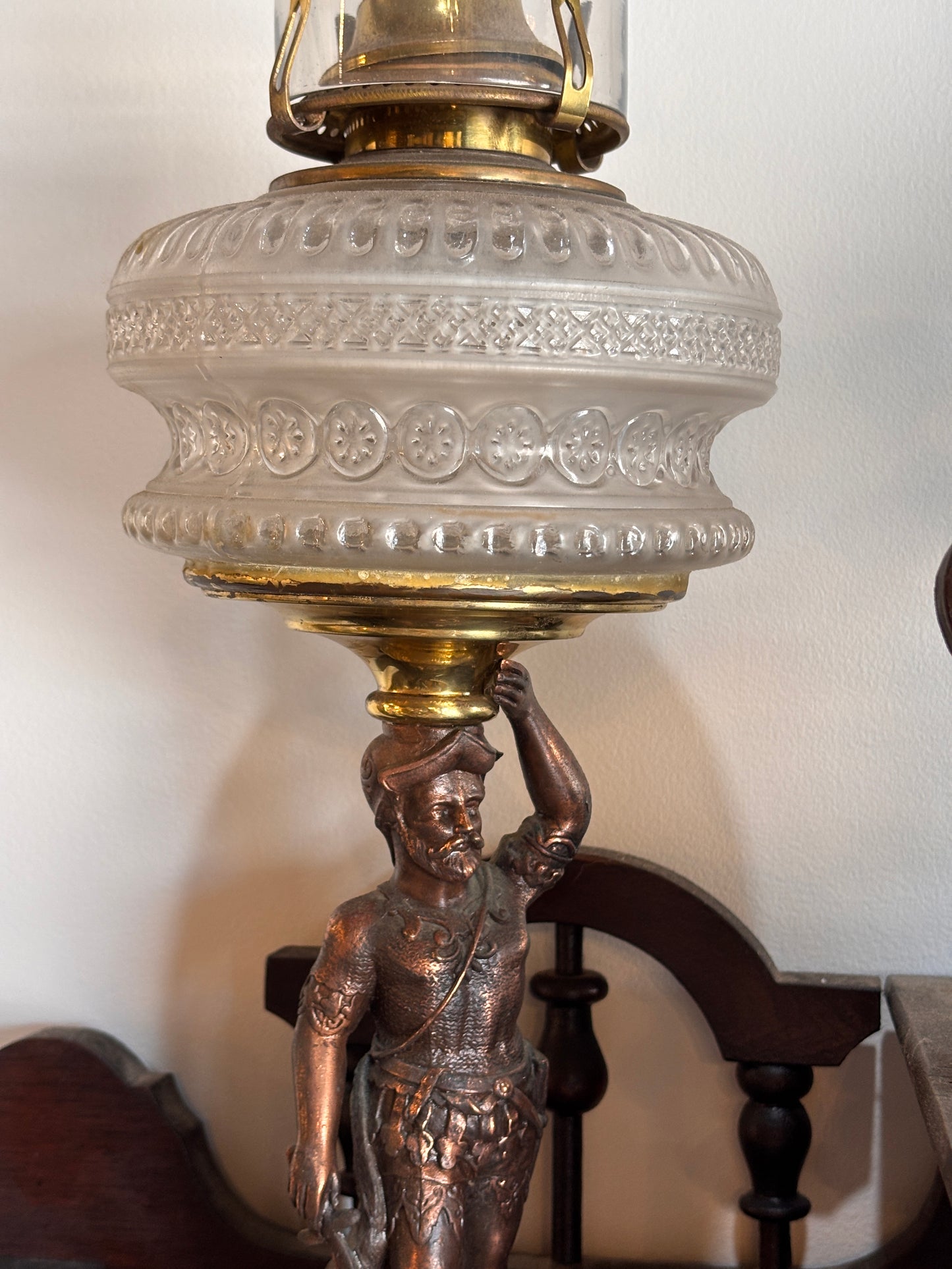 Antique Figural Spelter Oil Lamp c.1900 – Pressed Glass Font, 54 cm