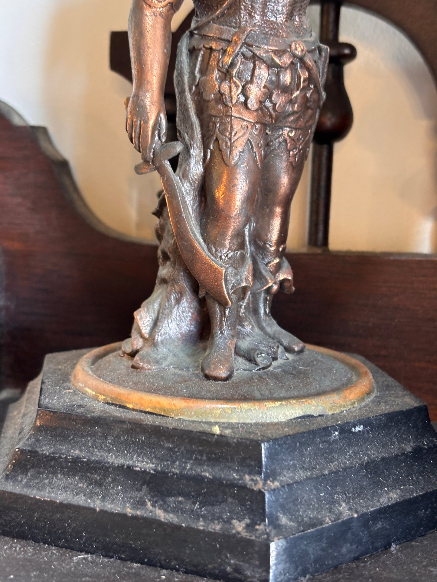 Antique Figural Spelter Oil Lamp c.1900 – Pressed Glass Font, 54 cm