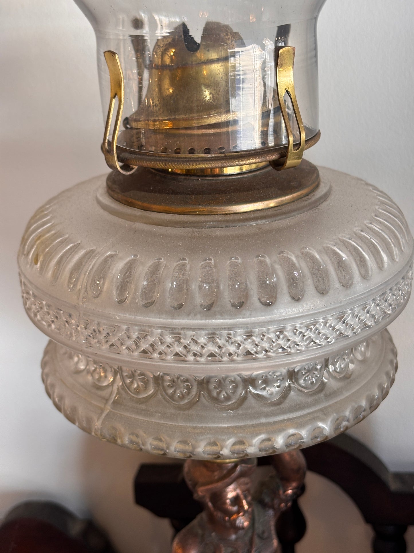 Antique Figural Spelter Oil Lamp c.1900 – Pressed Glass Font, 54 cm